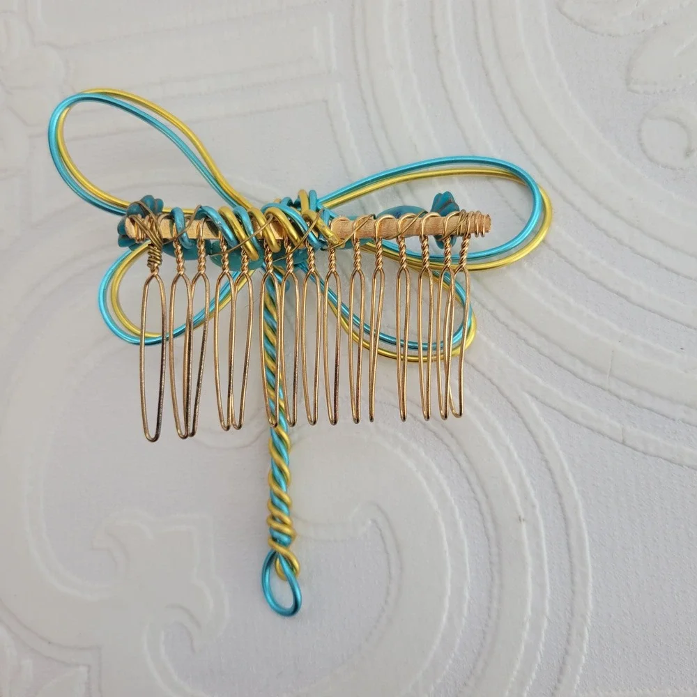 Handmade Dragonfly Hair Comb Teal Gold Wire Gemstone Rhinestone Vintage Art Deco